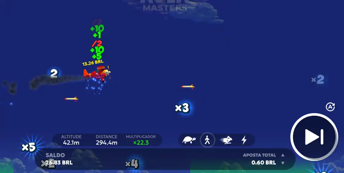 Avião coleta bônus e evita mísseis no fundo azul do jogo