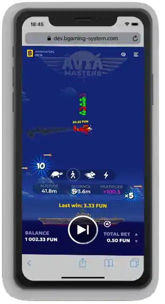 Spielszene in Aviamasters auf einem Smartphone, mit aktivem Multiplikator x100.5.