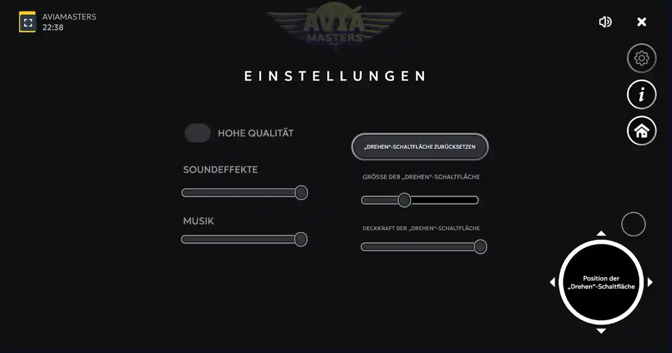 Einstellungen im Aviamasters-Spiel.