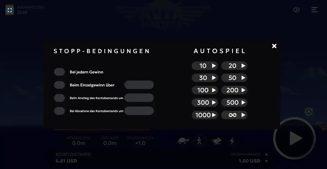 Autospiel- und Stopp-Bedingungen im Aviamasters-Spiel.