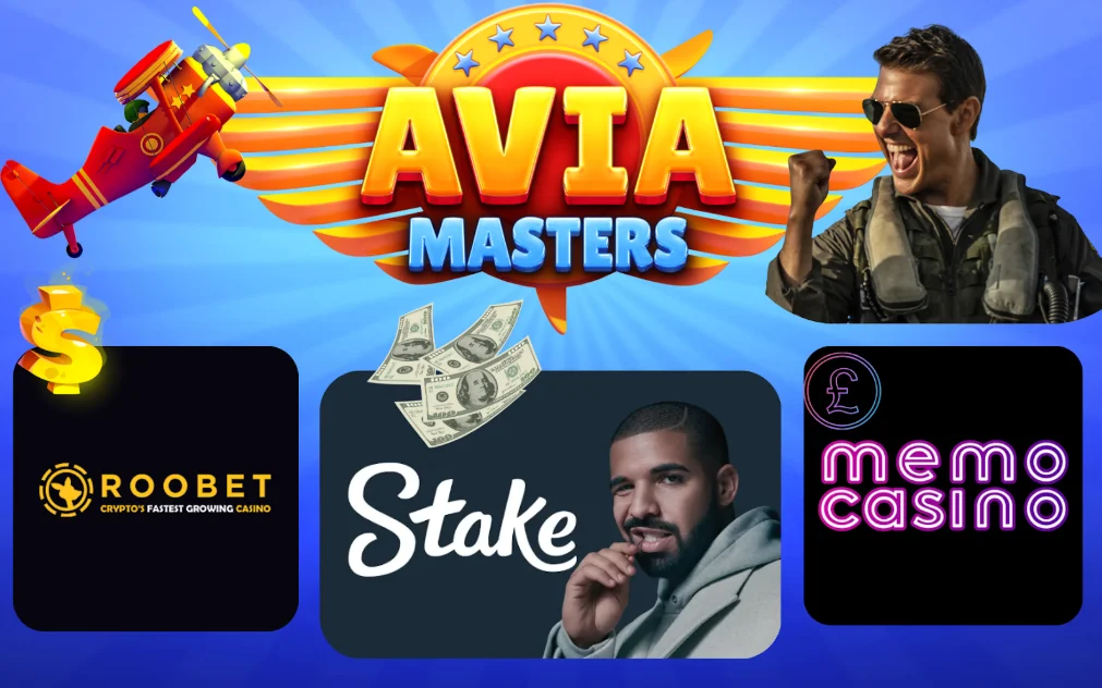 Collage with game logo, cheering pilot, and logos of Stake, Roobet, and Memo Casino