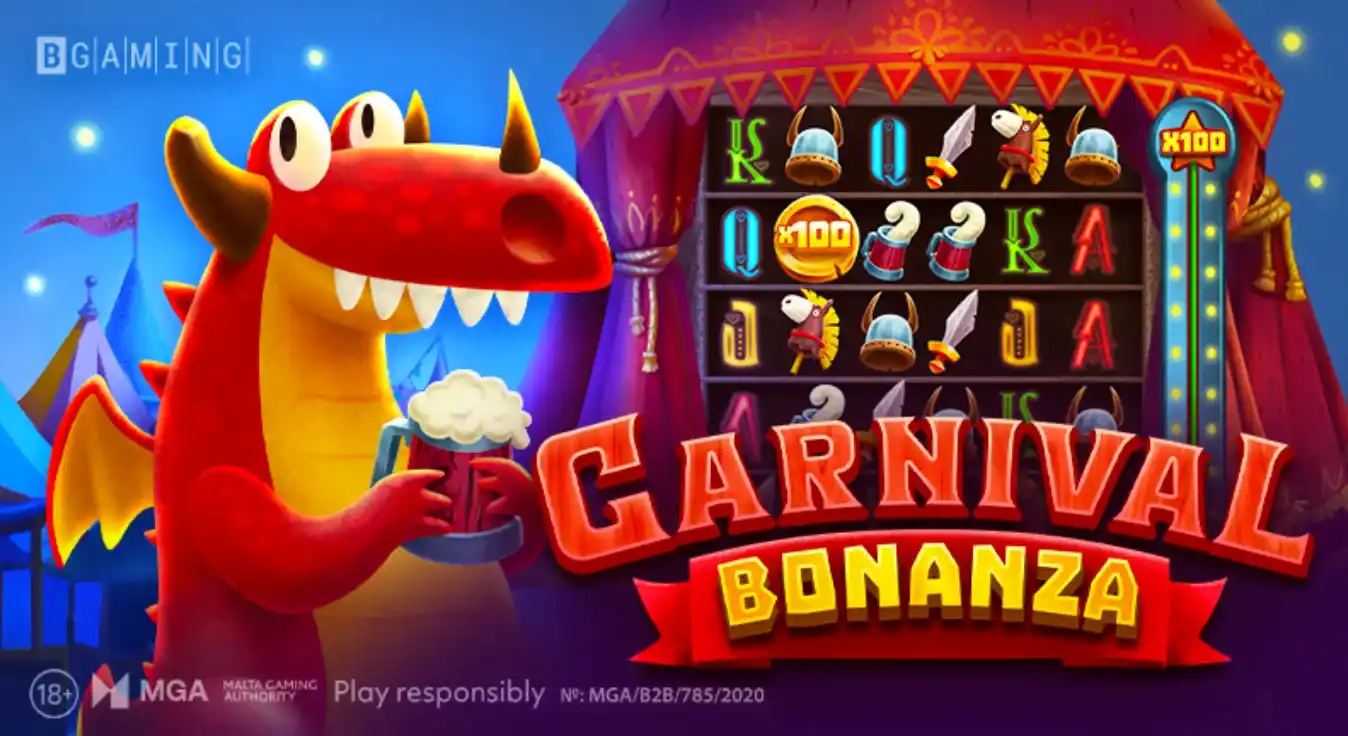 Carnival Bonanza slot by BGaming featuring a red dragon.