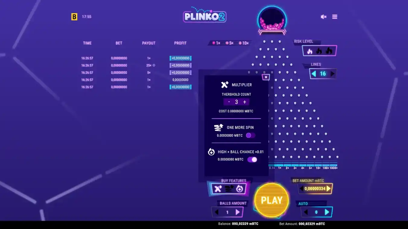 Plinko 2 game interface with balls and payout details.