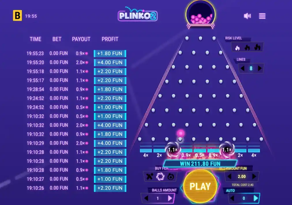 Plinko 2 game with total winnings and play options.