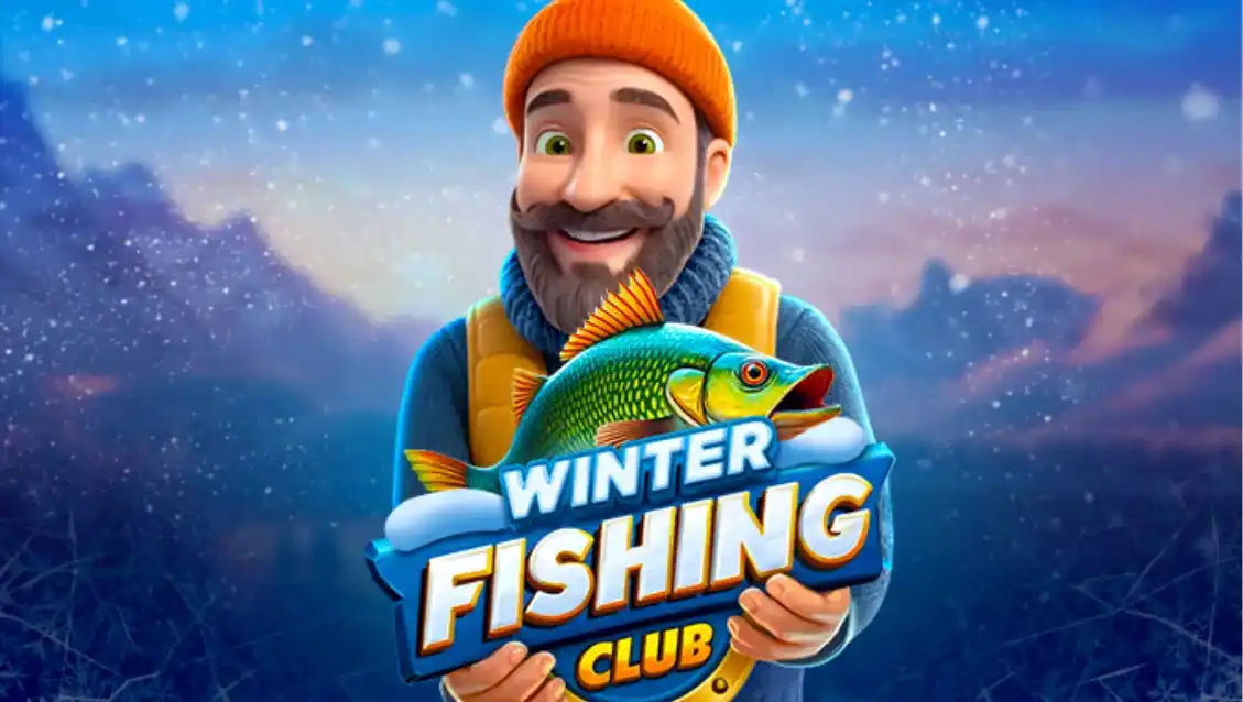 Fisherman holding a fish with the Winter Fishing Club logo in a snowy landscape.