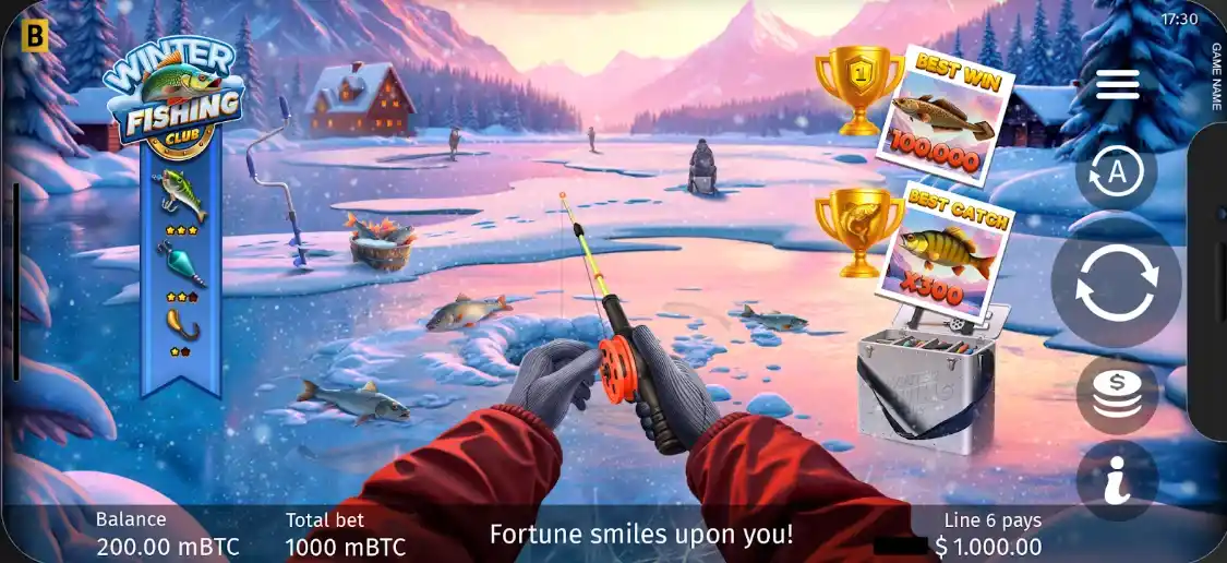 Ice fishing interface with mountains, fish, and best win trophies on a frozen lake.