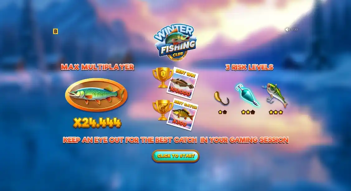 Winter Fishing Club start screen showcasing max multiplier x24.444 and three risk levels.