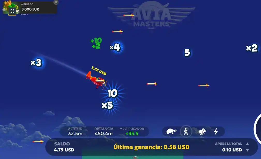 Escena del juego de Aviamasters con multiplicadores y ganancias.