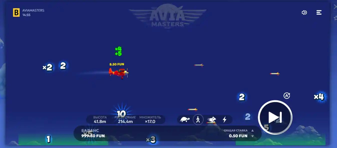 Punto de inicio del juego Aviamasters con un avión en una plataforma.