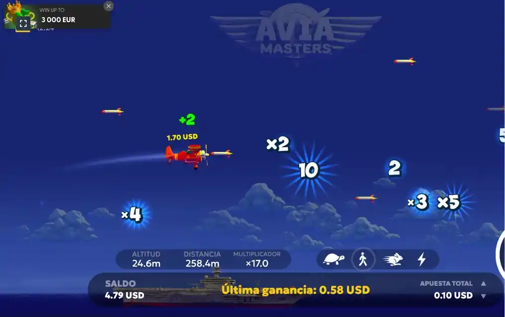 Resultado en Aviamasters con un multiplicador bajo y ganancia.