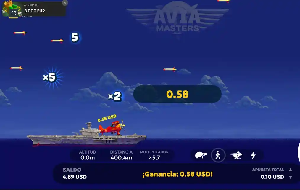 El juego Aviamasters muestra la distancia y el multiplicador.