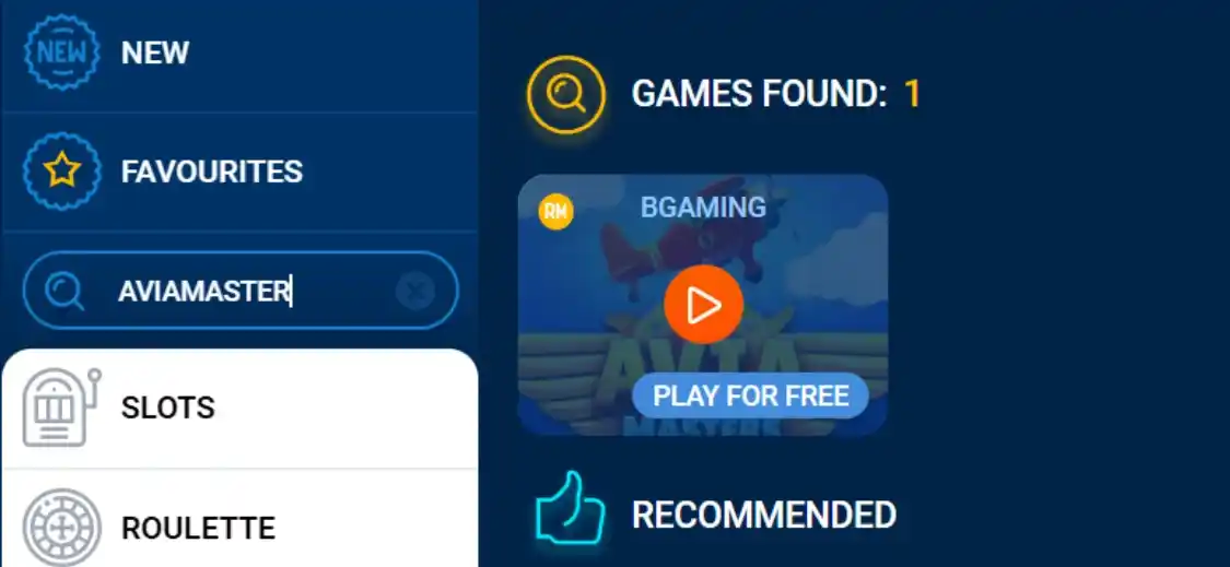 Recherche de jeu Aviamasters dans un casino en ligne, affichant une option de jeu gratuit.